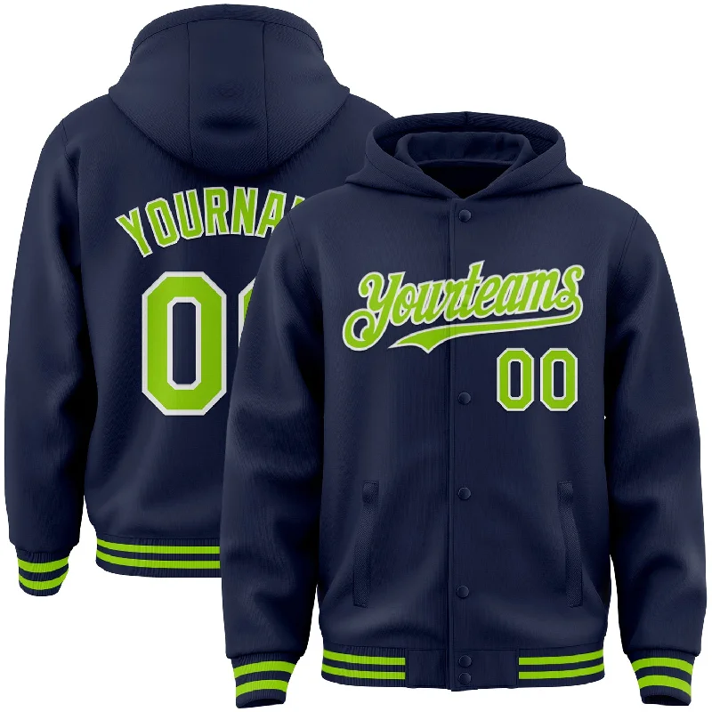 Customizable Hoodie for Personalized Gifts-Custom Navy Neon Green-White Bomber Full-Snap Varsity Letterman Hoodie Jacket