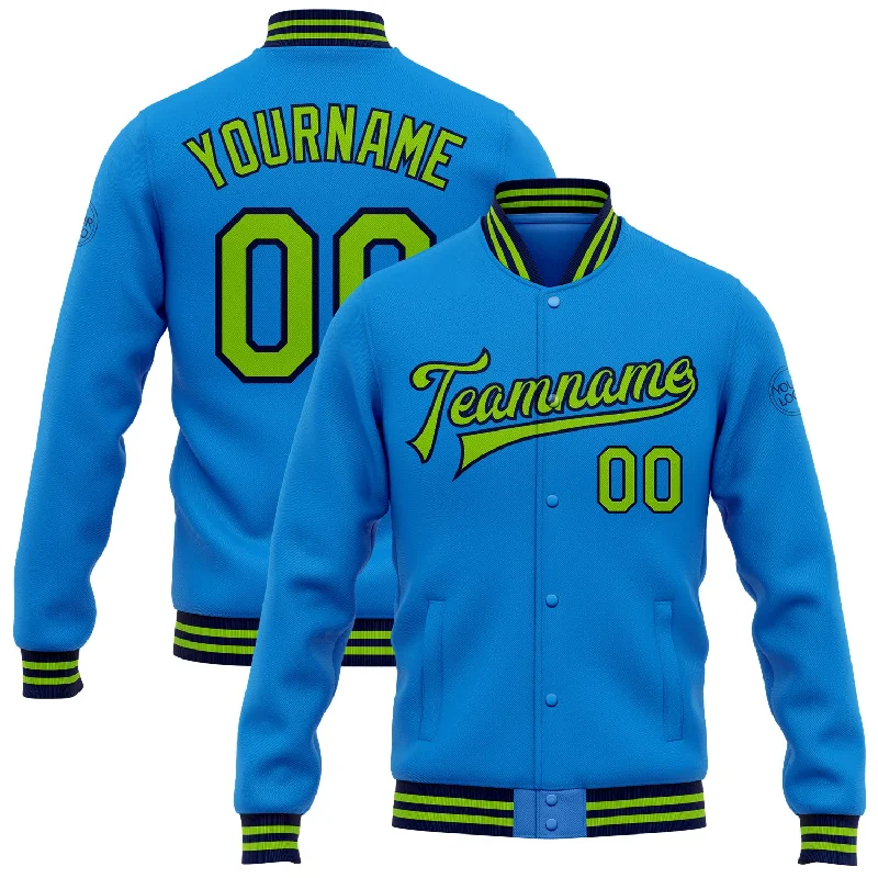 Classic Parka Jacket for Cold Conditions-Custom Powder Blue Neon Green-Navy Bomber Full-Snap Varsity Letterman Jacket