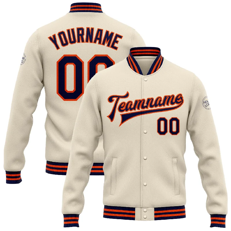 Customizable Sports Jacket for Team Wear-Custom Cream Navy-Orange Bomber Full-Snap Varsity Letterman Jacket