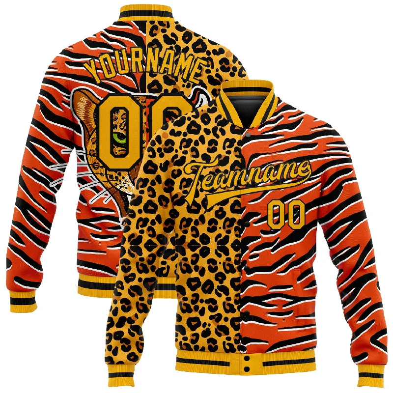 Casual Field Jacket for Relaxed Style-Custom Orange Gold-Black Tiger And Leopard Print 3D Pattern Design Bomber Full-Snap Varsity Letterman Jacket