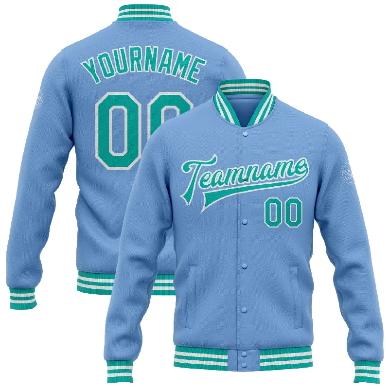 Performance Winter Jacket for Active Outdoors-Custom Light Blue Aqua-White Bomber Full-Snap Varsity Letterman Jacket