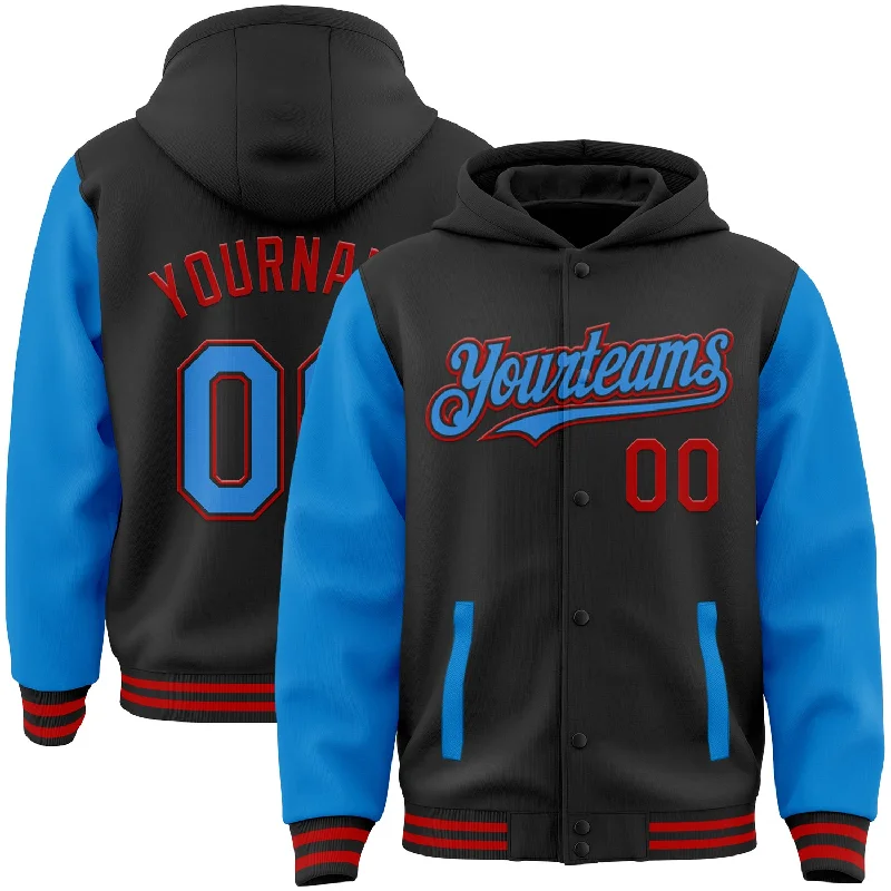 Comfortable Full-Zip Hoodie for Easy Layering-Custom Black Powder Blue-Red Bomber Full-Snap Varsity Letterman Two Tone Hoodie Jacket