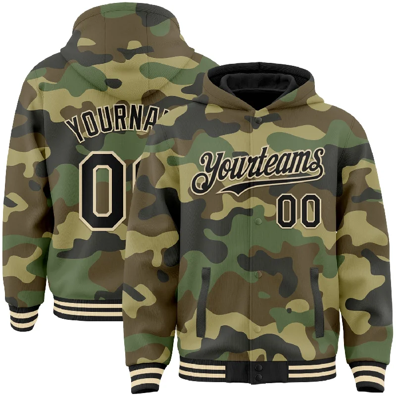 Lightweight Hoodie for Spring and Fall-Custom Camo Black-Cream 3D Bomber Full-Snap Varsity Letterman Salute To Service Hoodie Jacket