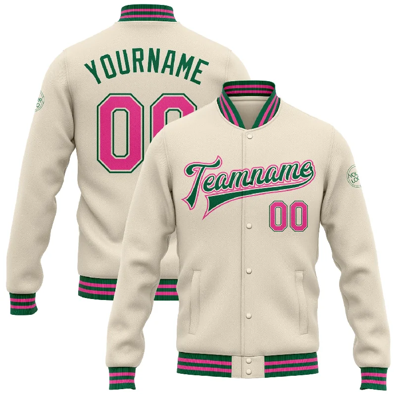 Stylish Rain Jacket for Wet Weather-Custom Cream Pink-Kelly Green Bomber Full-Snap Varsity Letterman Jacket