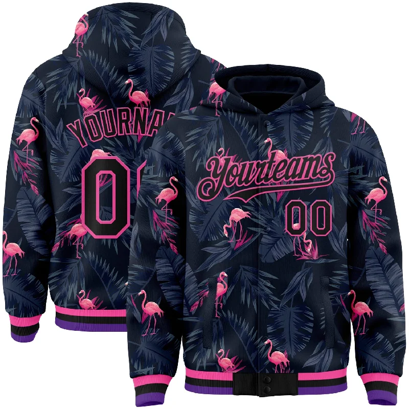 Simple Hoodie for Minimalist Look-Custom Black Pink Flamingo 3D Pattern Design Bomber Full-Snap Varsity Letterman Hoodie Jacket