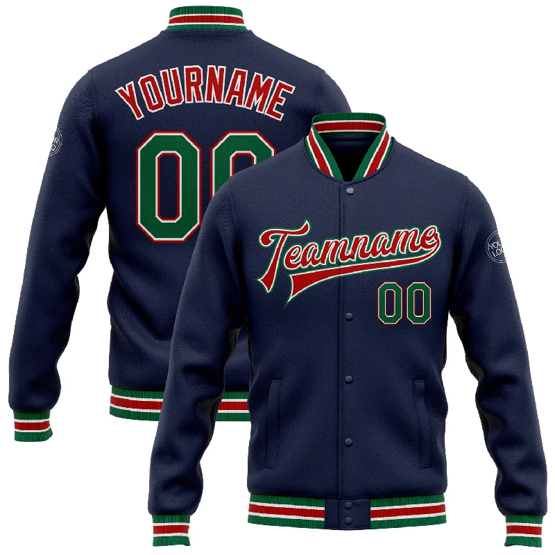 Casual Military Style Jacket for Practical Wear-Custom Navy Kelly Green-Red Bomber Full-Snap Varsity Letterman Jacket