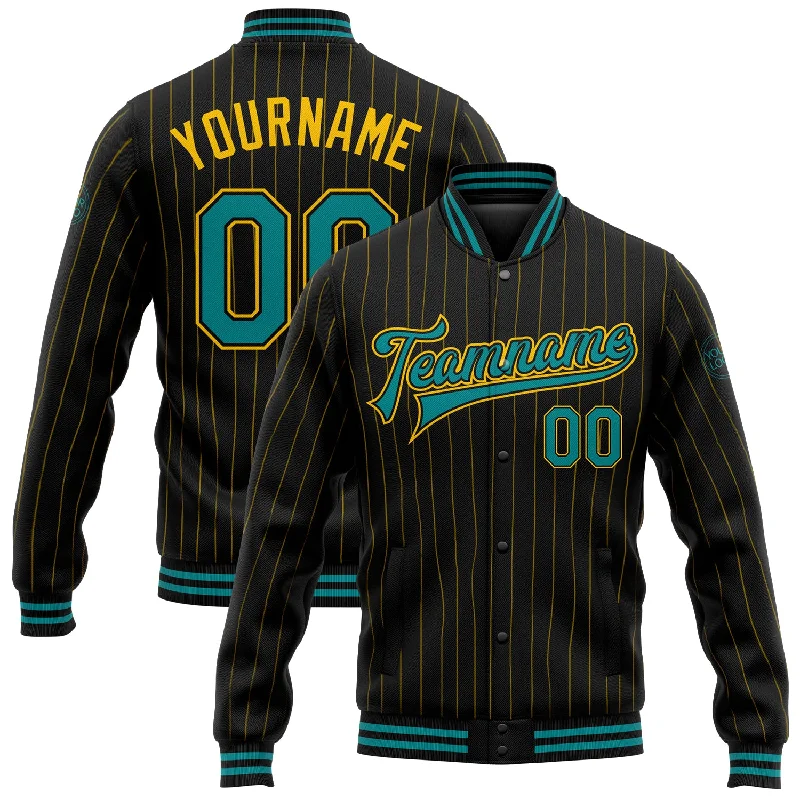 Casual Utility Jacket for Practical Wear-Custom Black Yellow Pinstripe Teal Bomber Full-Snap Varsity Letterman Jacket