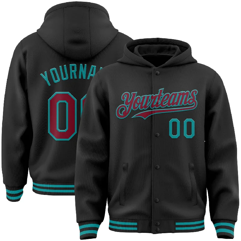 Fashionable Hoodie for College Students-Custom Black Crimson-Teal Bomber Full-Snap Varsity Letterman Hoodie Jacket