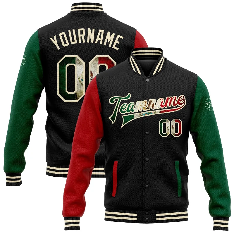 Trendy Shearling Jacket for Cold Winter Days-Custom Black Vintage Mexican Flag Cream Kelly Green-Red Bomber Full-Snap Varsity Letterman Two Tone Jacket