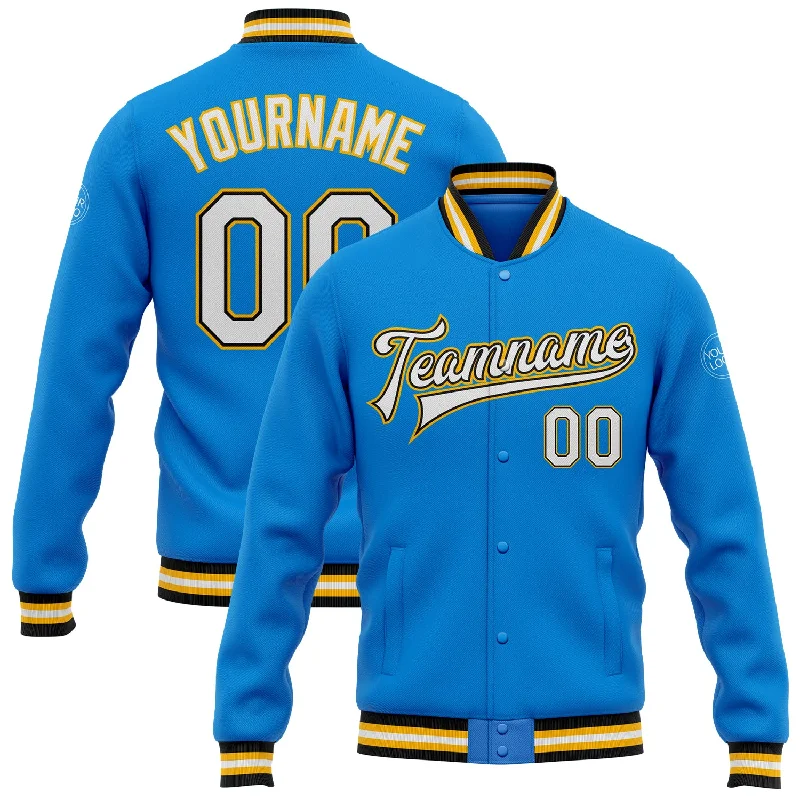 Reversible Jacket for Versatile Outfits-Custom Powder Blue White Black-Gold Bomber Full-Snap Varsity Letterman Jacket