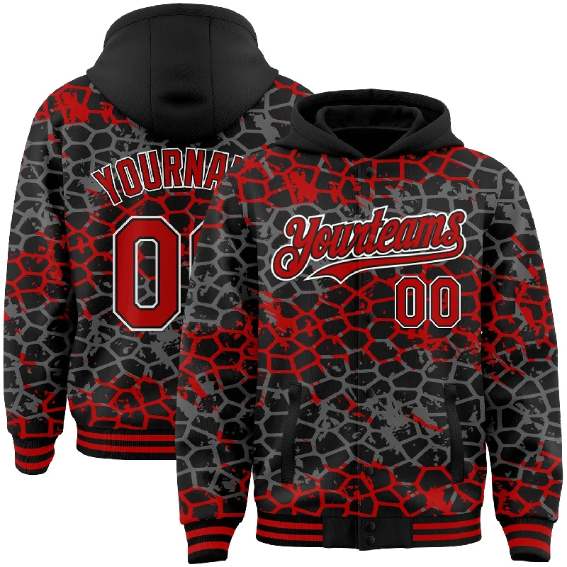 Fashionable Hoodie with Colorblock Design-Custom Black Red-White Abstract Network 3D Pattern Design Bomber Full-Snap Varsity Letterman Hoodie Jacket