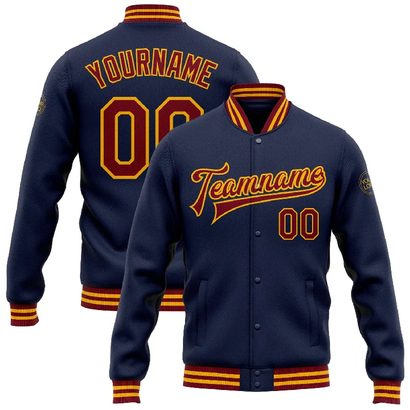 Stylish Utility Jacket for Casual Outfits-Custom Navy Crimson-Gold Bomber Full-Snap Varsity Letterman Jacket