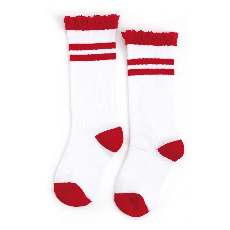 Cozy Lounge Socks for Indoor Comfort-Apple Red Striped Lace Top Knee High Socks