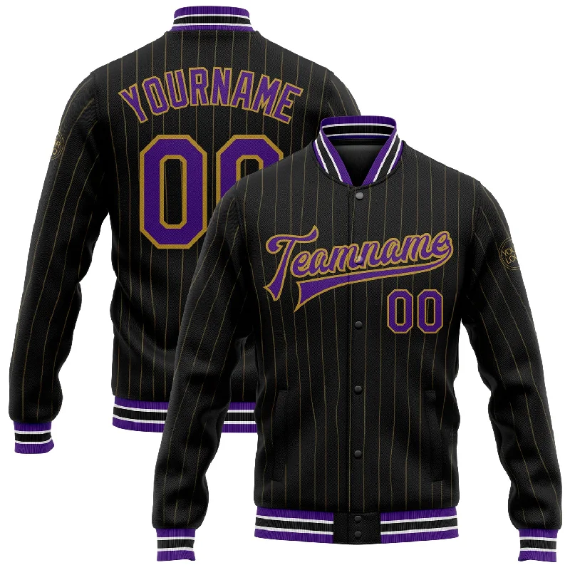 Comfortable Fitted Jacket for Everyday Wear-Custom Black Old Gold Pinstripe Purple-White Bomber Full-Snap Varsity Letterman Jacket