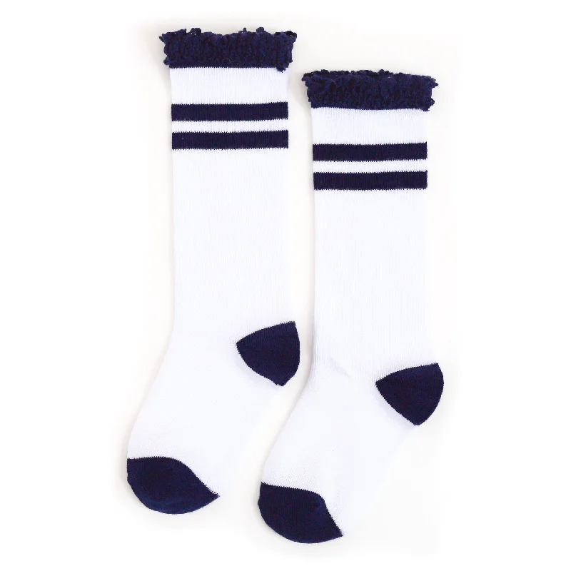 Compression Socks for Leg and Foot Support-Bright Navy Striped Lace Top Knee High Socks