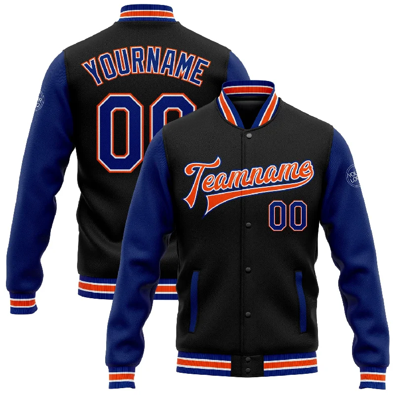 Thermal Insulated Jacket for Extreme Cold-Custom Black Royal-Orange Bomber Full-Snap Varsity Letterman Two Tone Jacket