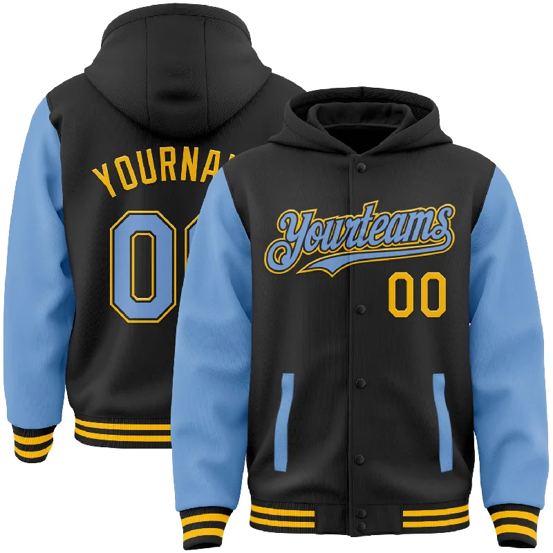 Fashionable Hoodie for College Students-Custom Black Light Blue-Gold Bomber Full-Snap Varsity Letterman Two Tone Hoodie Jacket