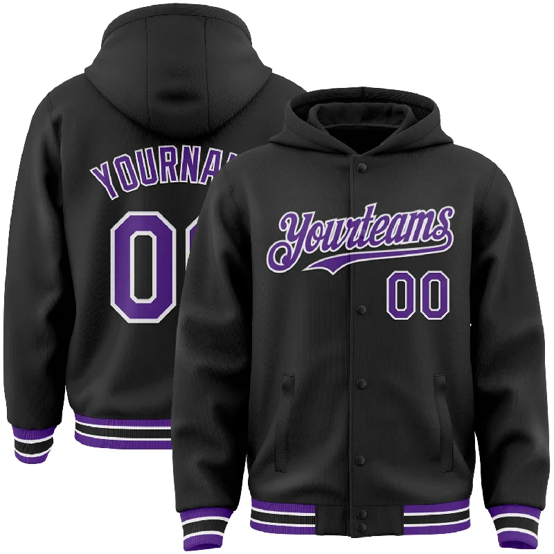 Vintage-Inspired Hoodie for Retro Vibes-Custom Black Purple-White Bomber Full-Snap Varsity Letterman Hoodie Jacket