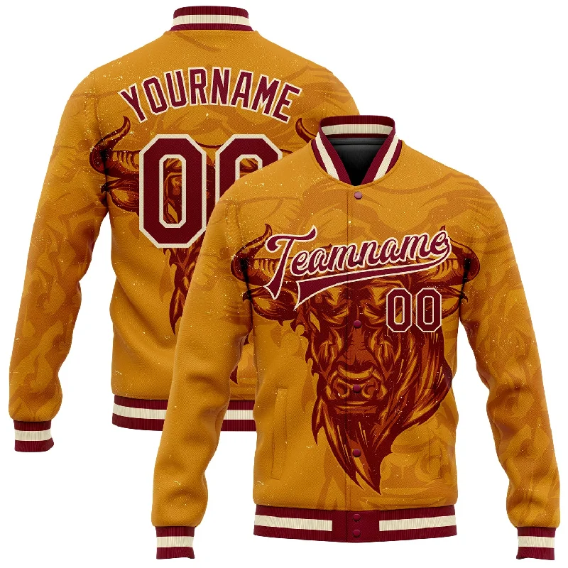 Trendy Shacket Jacket for Fashion Layering-Custom Gold Maroon-Cream Angry Bull 3D Pattern Design Bomber Full-Snap Varsity Letterman Jacket