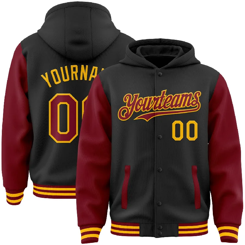 Hoodie with Kangaroo Pockets for Convenience-Custom Black Crimson-Gold Bomber Full-Snap Varsity Letterman Two Tone Hoodie Jacket