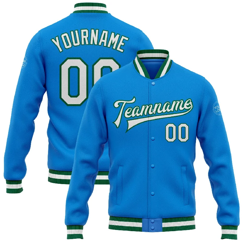 Insulated Down Jacket for Ultimate Warmth-Custom Powder Blue White-Kelly Green Bomber Full-Snap Varsity Letterman Jacket