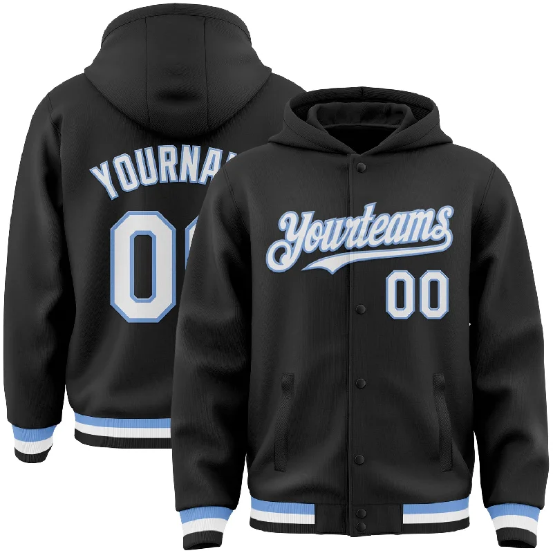 Customizable Hoodie for Personalized Styles-Custom Black White-Light Blue Bomber Full-Snap Varsity Letterman Hoodie Jacket