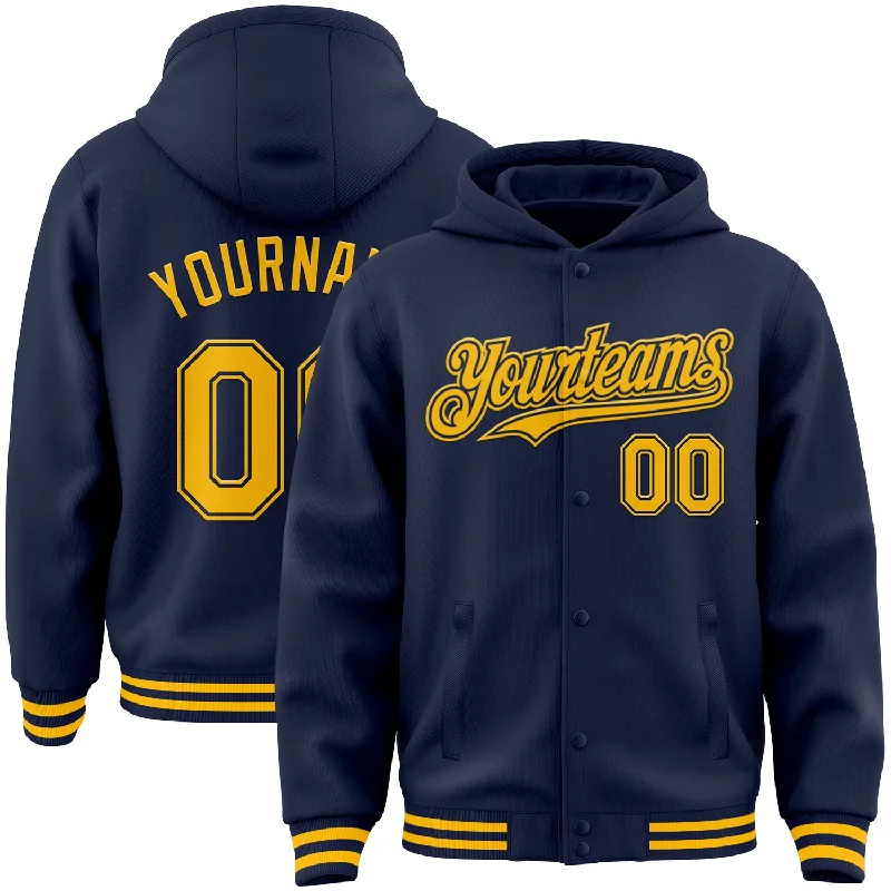 Comfortable Hoodie with Large Front Pocket-Custom Navy Gold Bomber Full-Snap Varsity Letterman Hoodie Jacket