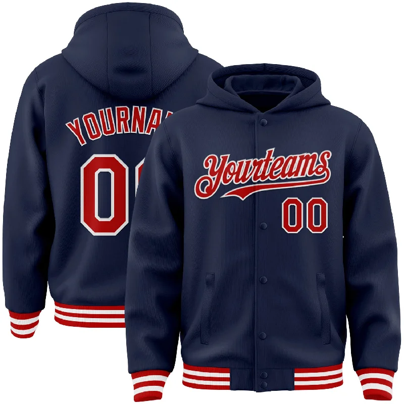 Hoodie with Kangaroo Pockets for Convenience-Custom Navy Red-White Bomber Full-Snap Varsity Letterman Hoodie Jacket