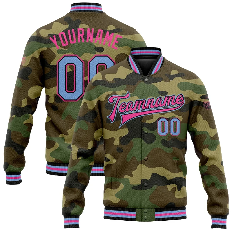 Cozy Quilted Jacket for Fall and Winter-Custom Camo Light Blue Black-Pink Bomber Full-Snap Varsity Letterman Salute To Service Jacket