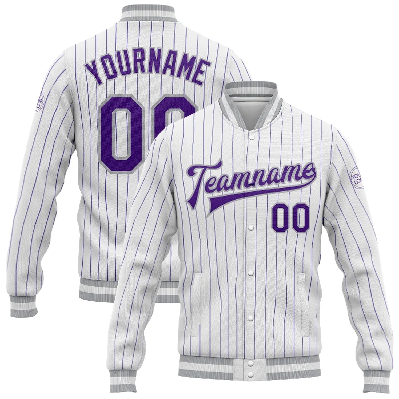 Thermal Insulated Jacket for Extreme Cold-Custom White Purple Pinstripe Gray Bomber Full-Snap Varsity Letterman Jacket