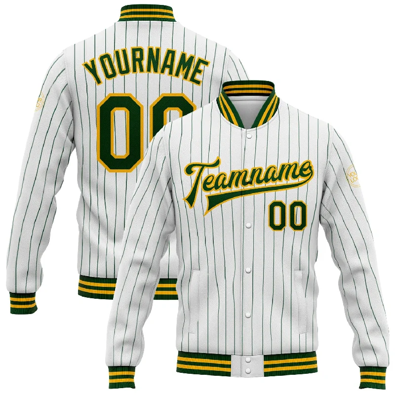 Customizable Sports Jacket for Team Wear-Custom White Green Pinstripe Gold Bomber Full-Snap Varsity Letterman Jacket