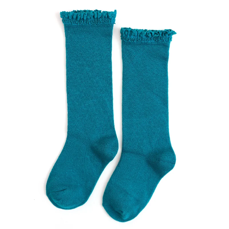 Soft Cotton Socks for Gentle Comfort-Lace Top Knee High Socks - Teal