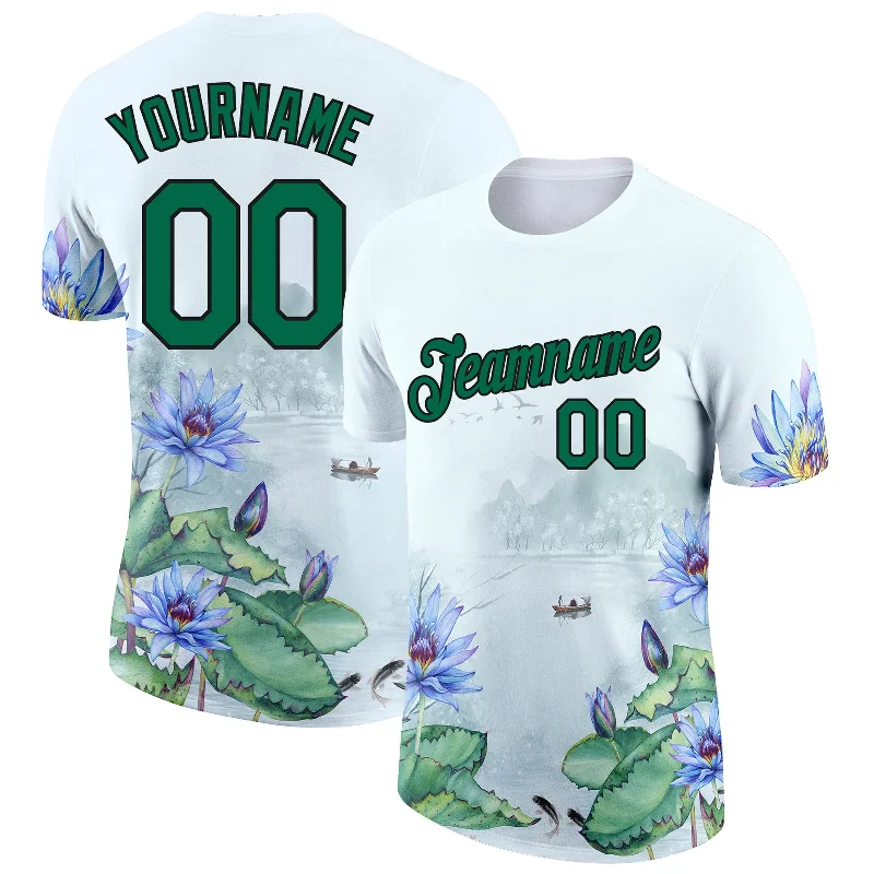 Eco-Conscious T-Shirt for Sustainable Fashion-Custom White Kelly Green-Black 3D Pattern Design Flowers Performance T-Shirt