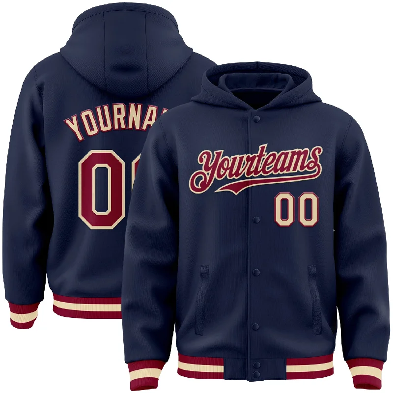 Custom Logo Hoodie for Team Events-Custom Navy Maroon-Cream Bomber Full-Snap Varsity Letterman Hoodie Jacket