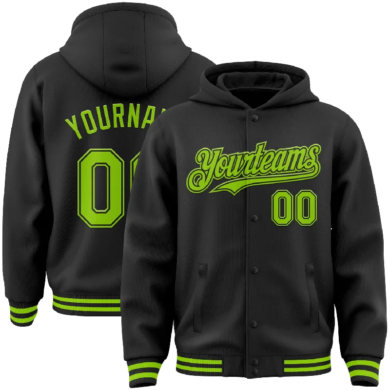 Classic Hoodie with Bold Logo Design-Custom Black Neon Green Bomber Full-Snap Varsity Letterman Hoodie Jacket