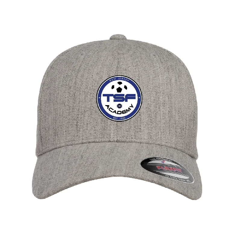 Custom Embroidered Hat for Team Events-TSF Academy Flexfit Wool Blend Fitted Cap Heather Grey