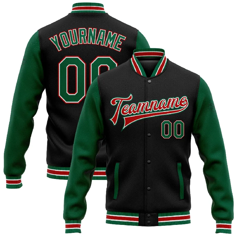 Insulated Hooded Jacket for Chilly Weather-Custom Black Kelly Green-Red Bomber Full-Snap Varsity Letterman Two Tone Jacket