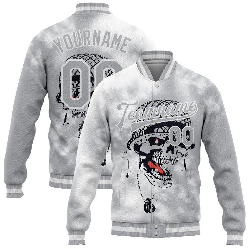 Vintage-Inspired Leather Motorcycle Jacket-Custom Gray White Skull Fashion 3D Bomber Full-Snap Varsity Letterman Jacket