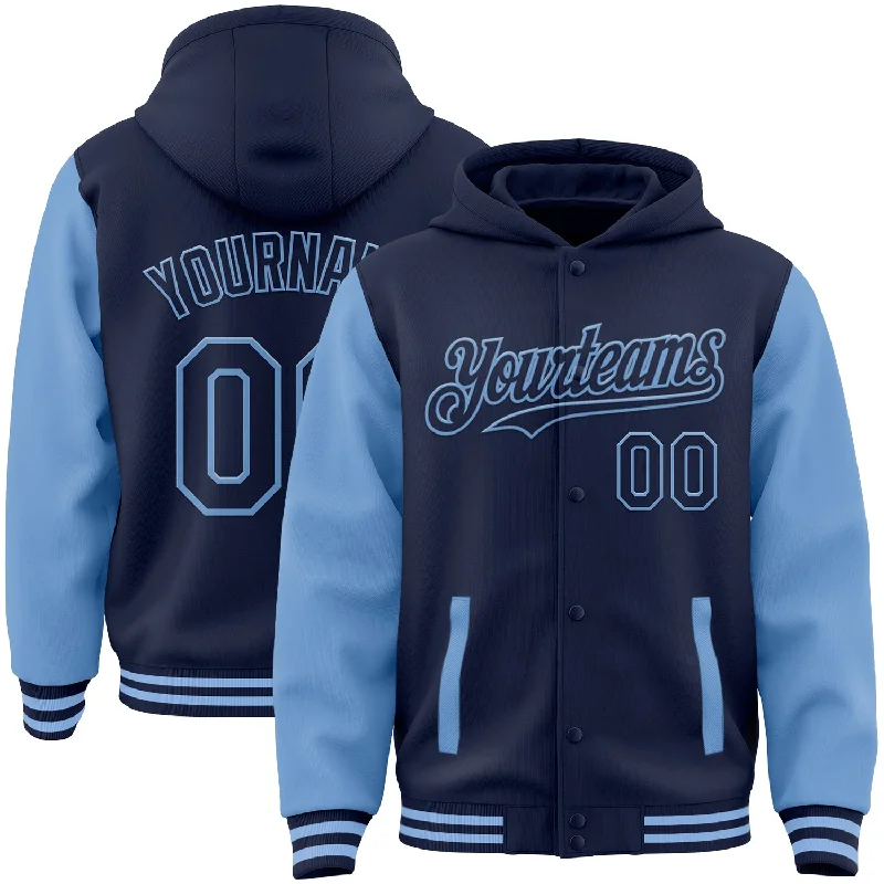 Casual Hoodie with Drawstring for Extra Comfort-Custom Navy Light Blue Bomber Full-Snap Varsity Letterman Two Tone Hoodie Jacket