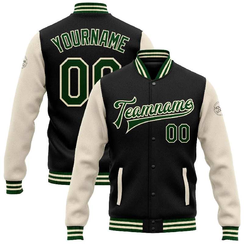 Soft Hoodie Jacket for Casual Comfort-Custom Black Green-Cream Bomber Full-Snap Varsity Letterman Two Tone Jacket