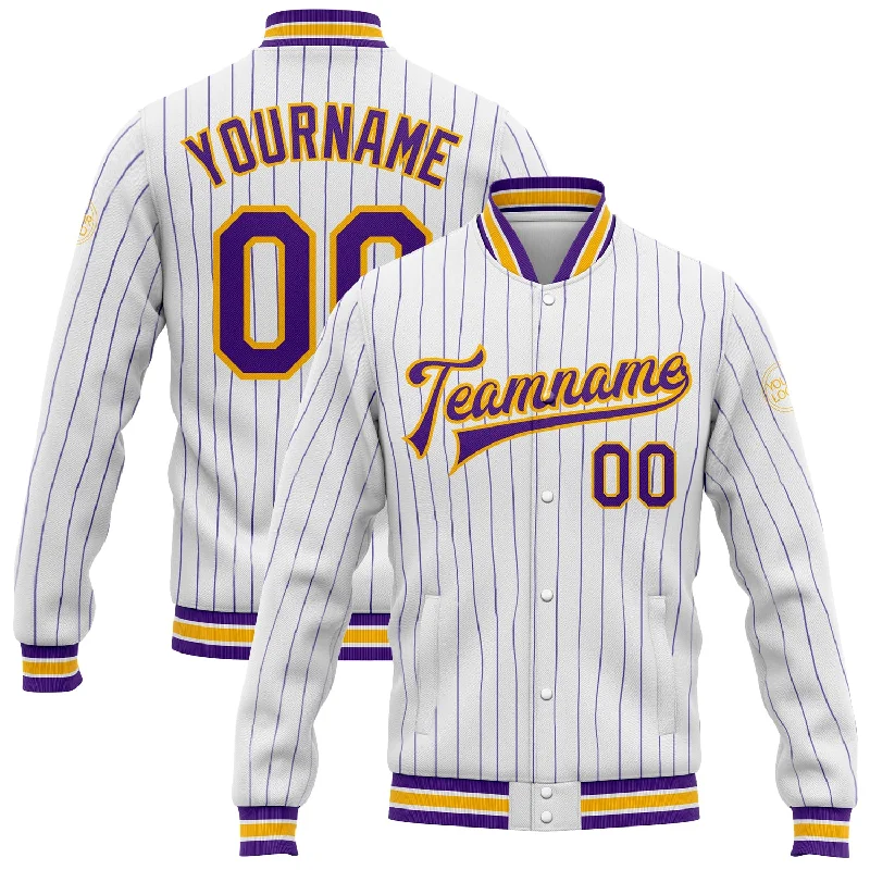 Trendy Plaid Jacket for Cozy Fall Style-Custom White Purple Pinstripe Gold Bomber Full-Snap Varsity Letterman Jacket