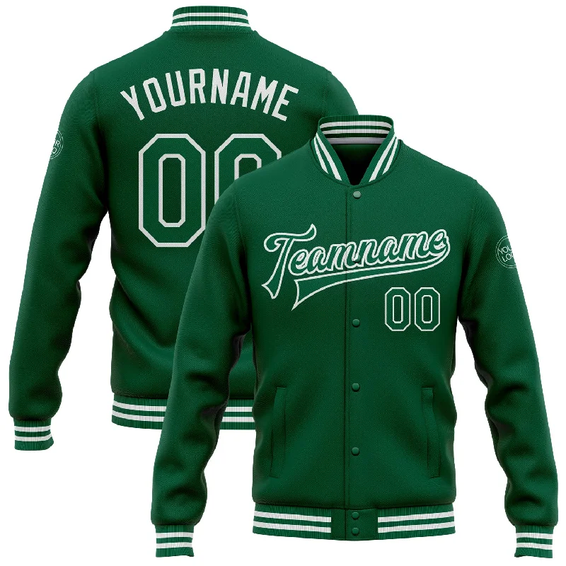 Soft Wool Jacket for Comfy Everyday Style-Custom Kelly Green White Bomber Full-Snap Varsity Letterman Jacket