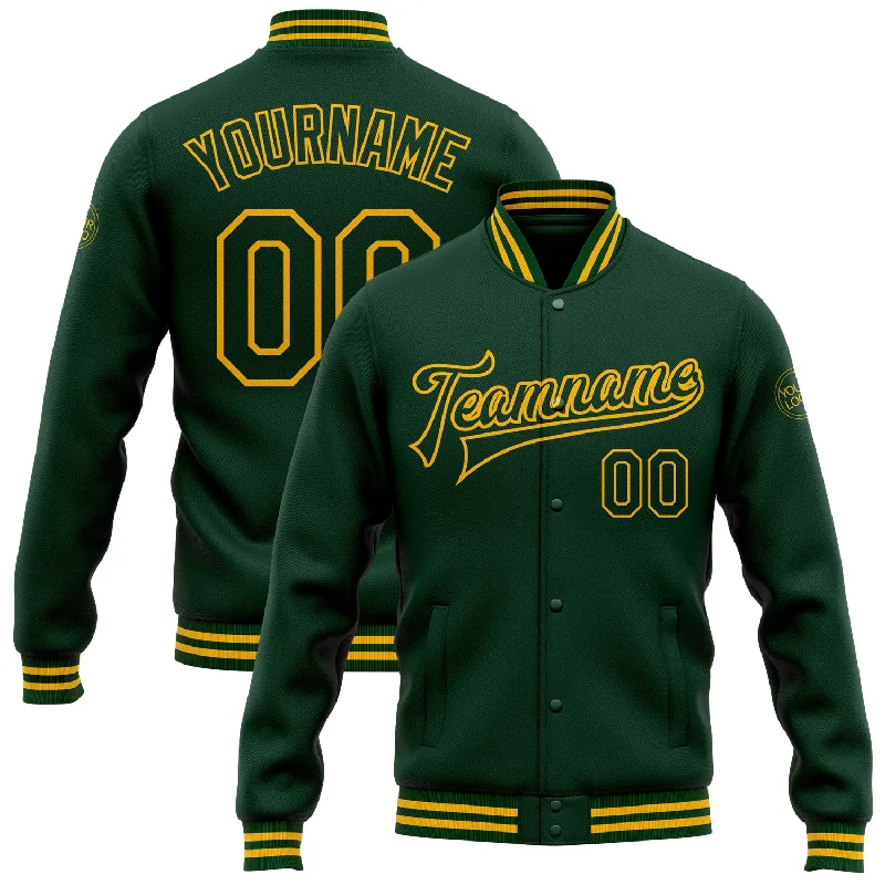 Casual Zip-Up Hoodie Jacket for Relaxed Days-Custom Green Gold Bomber Full-Snap Varsity Letterman Jacket