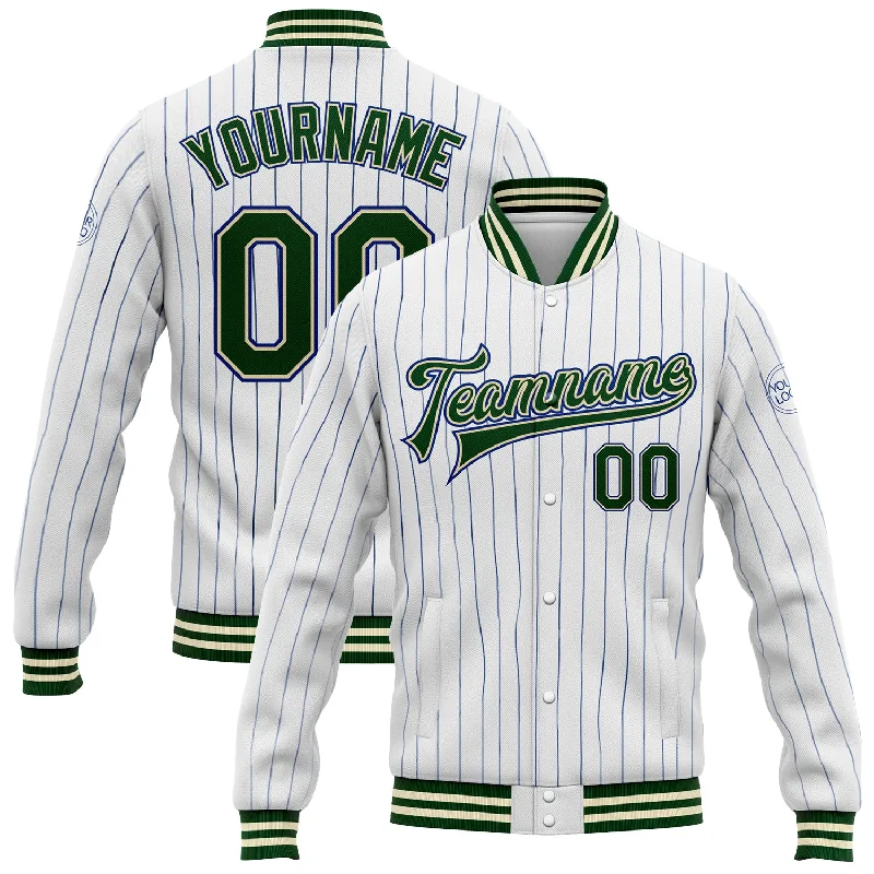 Fashionable Fleece-Lined Zip Jacket for Cold Days-Custom White Royal Pinstripe Green-Cream Bomber Full-Snap Varsity Letterman Jacket