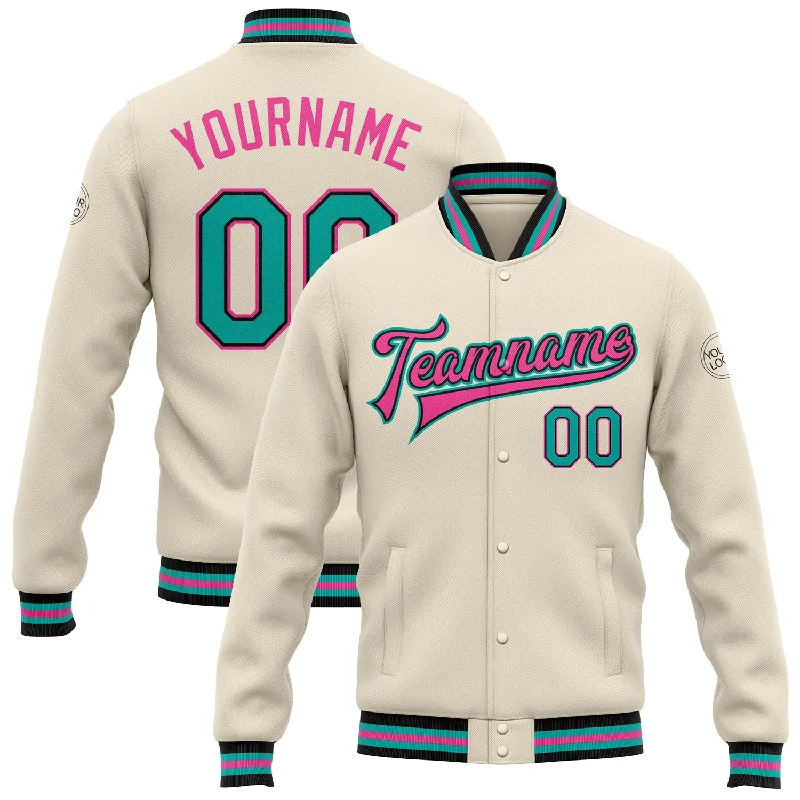 Sporty Active Jacket for Fitness Enthusiasts-Custom Cream Aqua Black-Pink Bomber Full-Snap Varsity Letterman Jacket