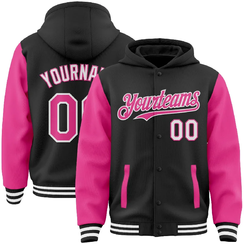 Stylish Hoodie with Abstract Print-Custom Black Pink-White Bomber Full-Snap Varsity Letterman Two Tone Hoodie Jacket