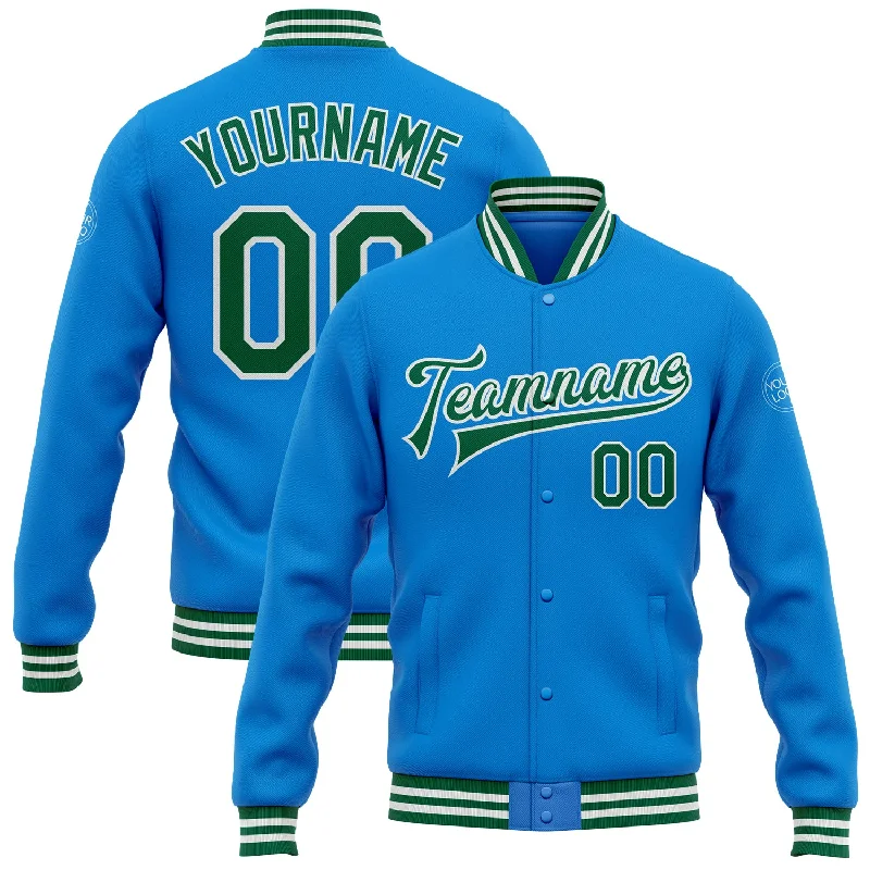 Modern Bomber Jacket for Effortless Cool-Custom Powder Blue Kelly Green-White Bomber Full-Snap Varsity Letterman Jacket