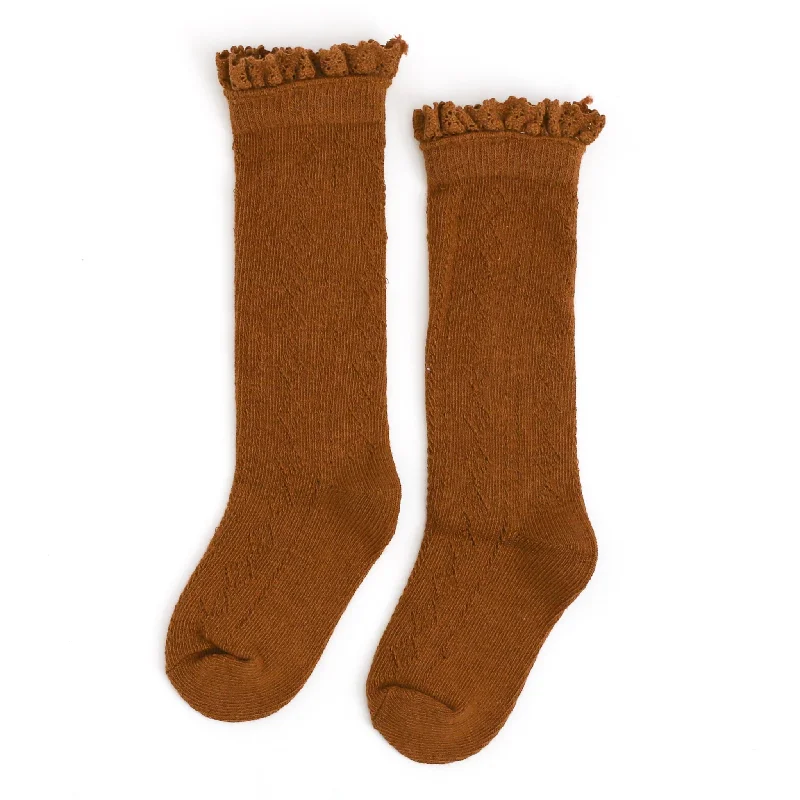 Luxury Silk Socks for Softness and Comfort-Sugar Almond Fancy Lace Top Knee High Socks