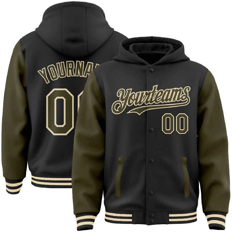 Soft Hoodie with Long Sleeves for All-Weather Wear-Custom Black Olive-Cream Bomber Full-Snap Varsity Letterman Two Tone Hoodie Jacket