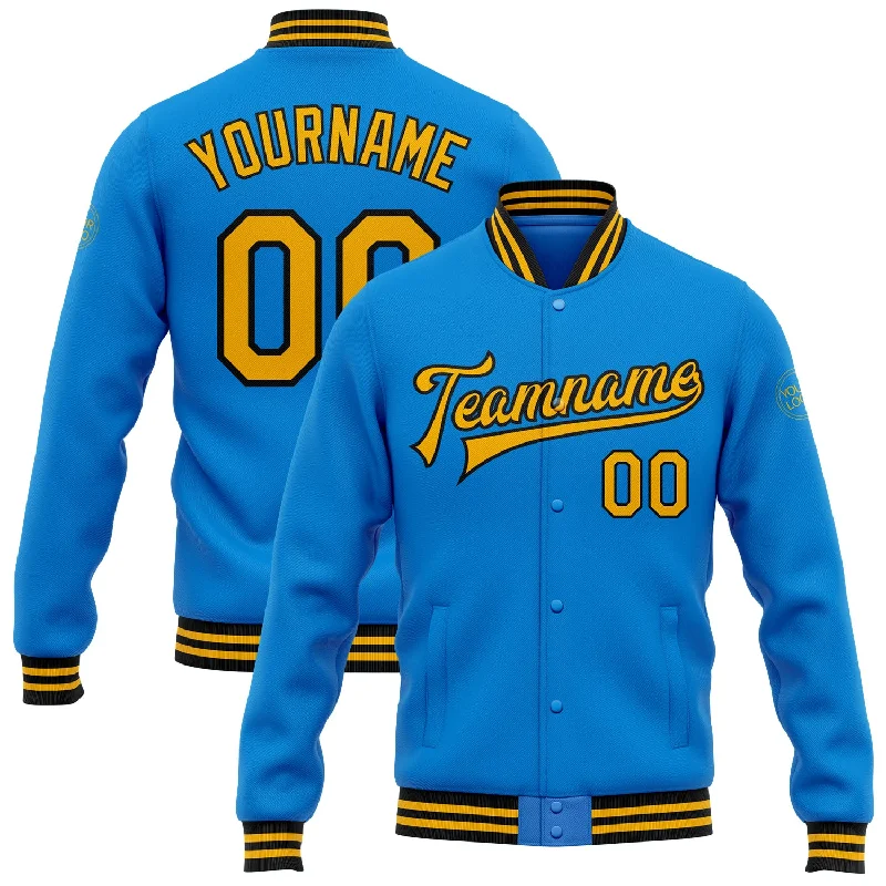 Thermal Insulated Jacket for Extreme Cold-Custom Powder Blue Gold-Black Bomber Full-Snap Varsity Letterman Jacket